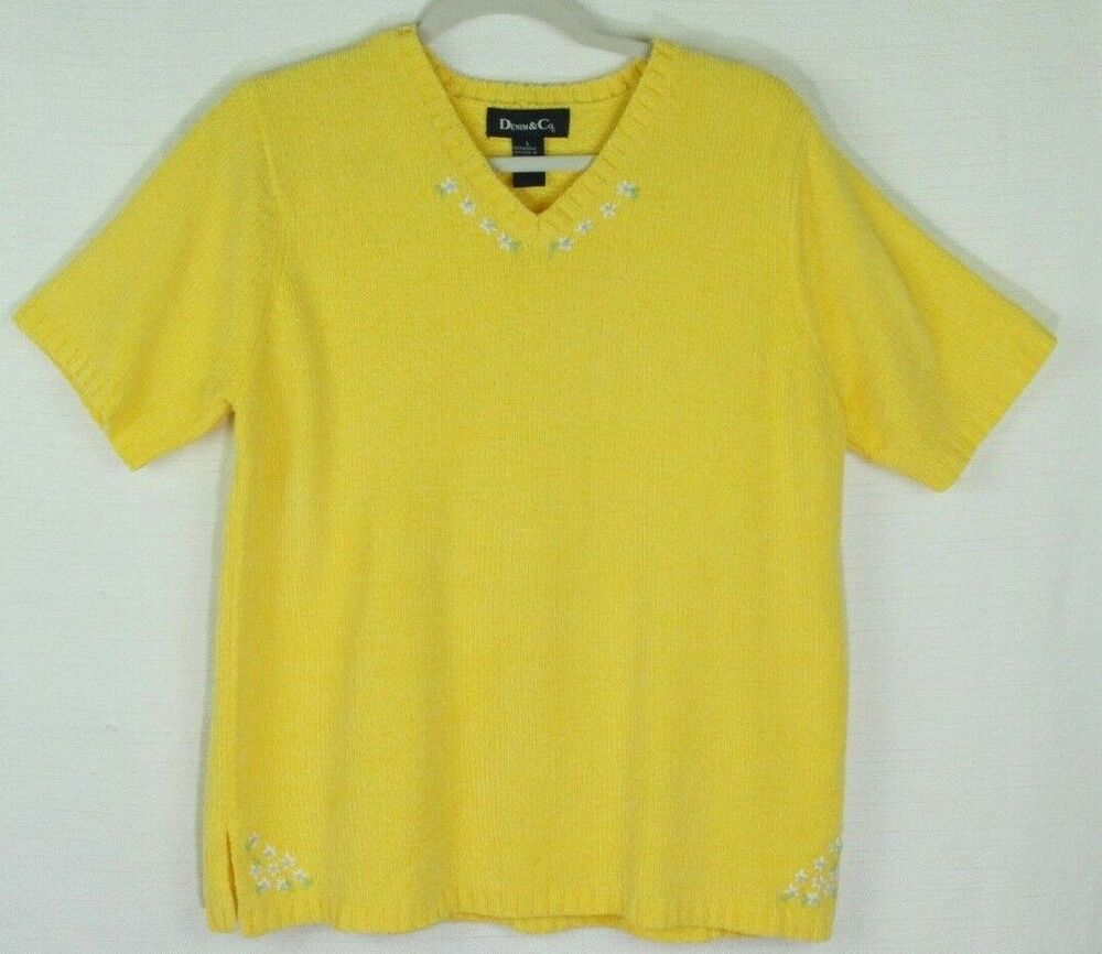 Denim & Co Sweater Large Yellow Womens V Neck Embroidered Floral Short Sleeve